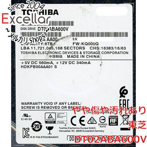 bn:2] TOSHIBA製HDD DT02ABA600V 6TB SATA600 5400 5000～6000時間以内