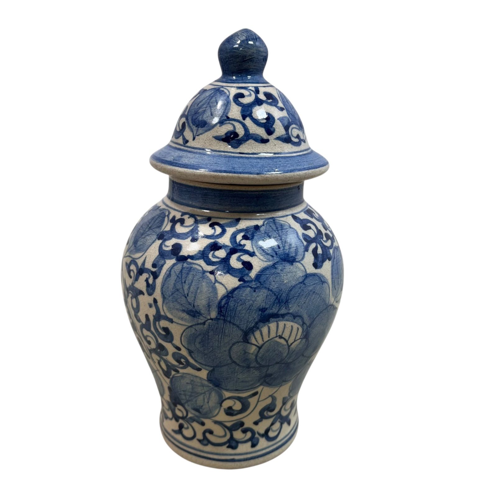 美品】染付 蓋付き壺 花唐草 高さ21cm 和モダン インテリア 飾り壺