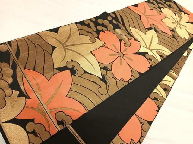 平和屋着物◎全通柄 本袋帯 立波花文 黒地 金糸 正絹 逸品