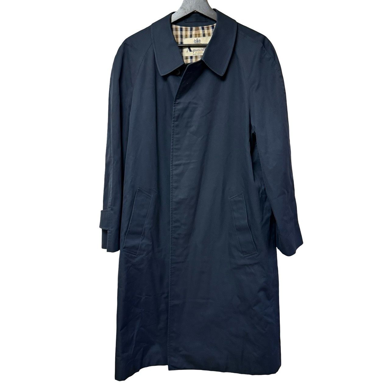 上質　英国製　アクアスキュータム　バルマカーンコート　ネイビー　チェック　比翼 Aquascutum（アクアスキュータム）ステンカラーコート バルマカーン