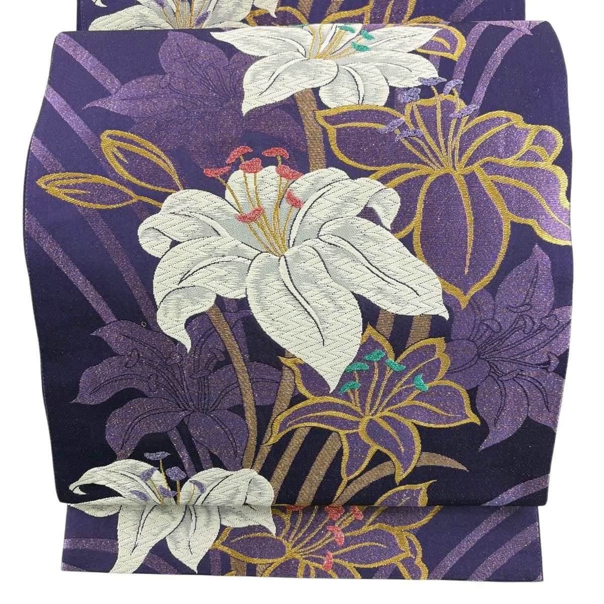 袋帯 美品 秀品 鳳凰 花唐草 金銀彩 金糸 紫 お太鼓柄 正絹 袋帯 美品 秀品 鳳凰 花唐草 金銀彩 金糸 紫 お太鼓柄 正絹
