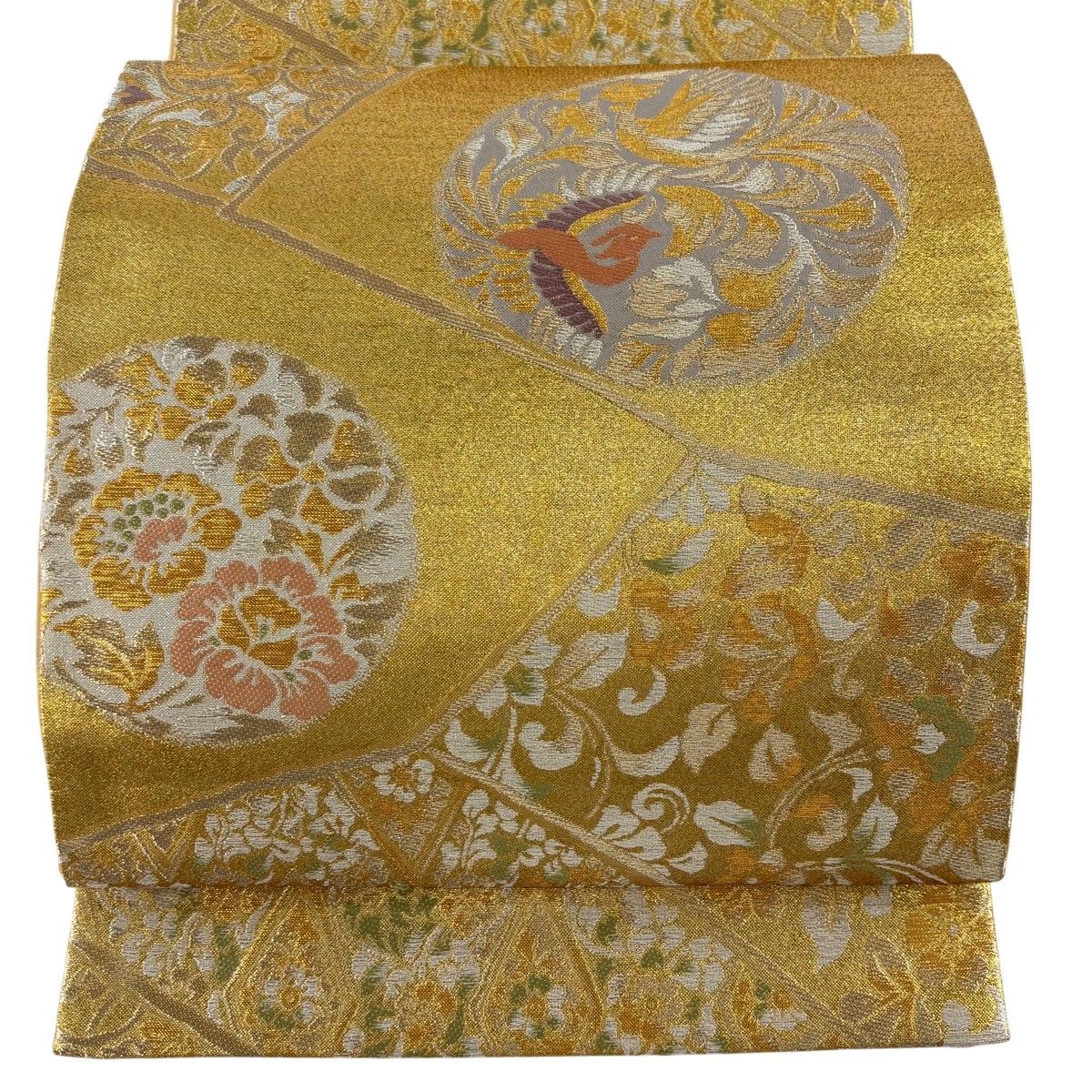 袋帯 秀品 浮線綾文 花鳥 箔 金糸 金色 六通 正絹 【】 【公式通販】