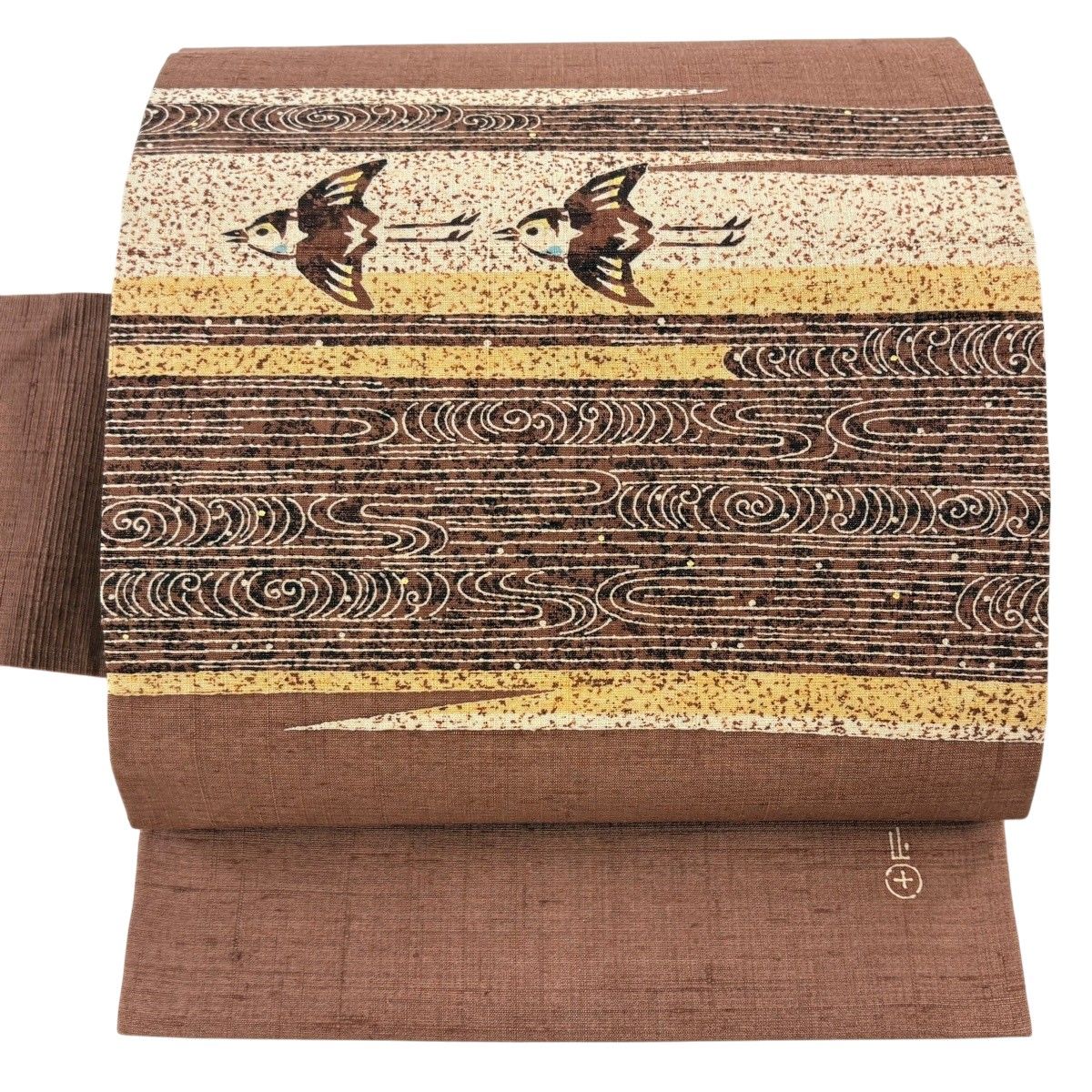 美品】 名古屋帯 逸品 山田貢 落款 紬地 鳥 観世水 金彩 赤茶 正絹 
