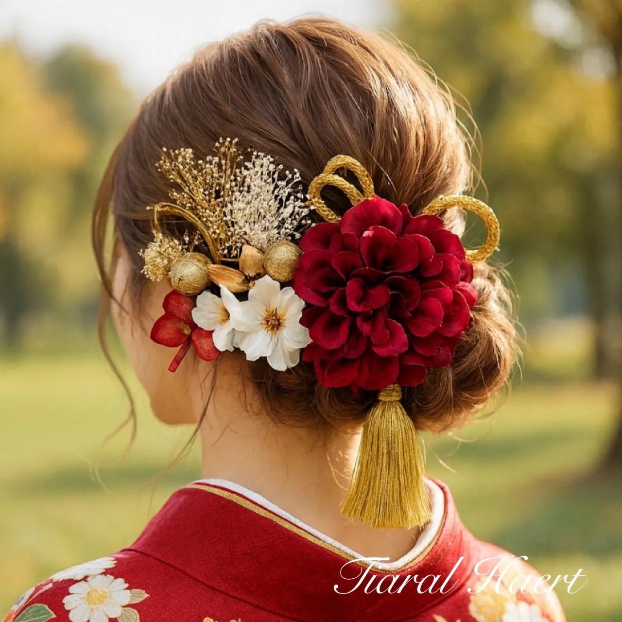 髪飾り 成人式 結婚式 ダークレッドダリア×林檎の花 和モダン 水引 