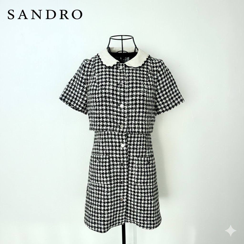 美品 SANDRO サンドロ 千鳥格子 白襟 ワンピース M ハウンドトゥース メルカリ