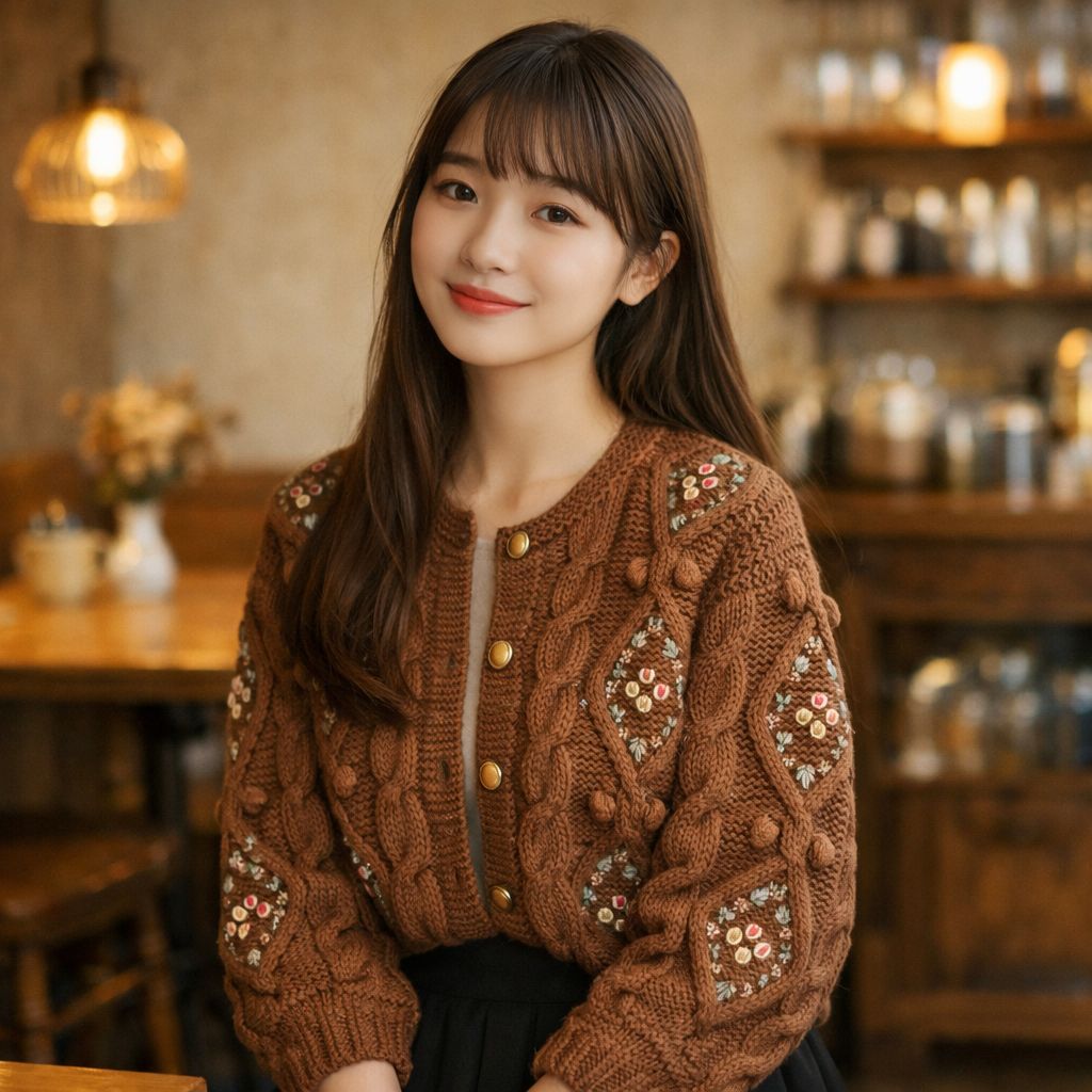 昭和レトロ ブラウン系フラワー刺繍ダイヤ柄 ケーブル編みニット 