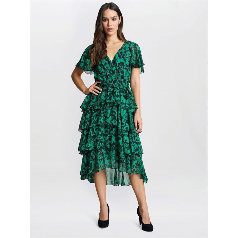 ジーナバッコーニ レディース トップス ワンピース ティアード Gina Bacconi Lottie Elastic Waist Tiered Dress GREEN BLACK ブラック