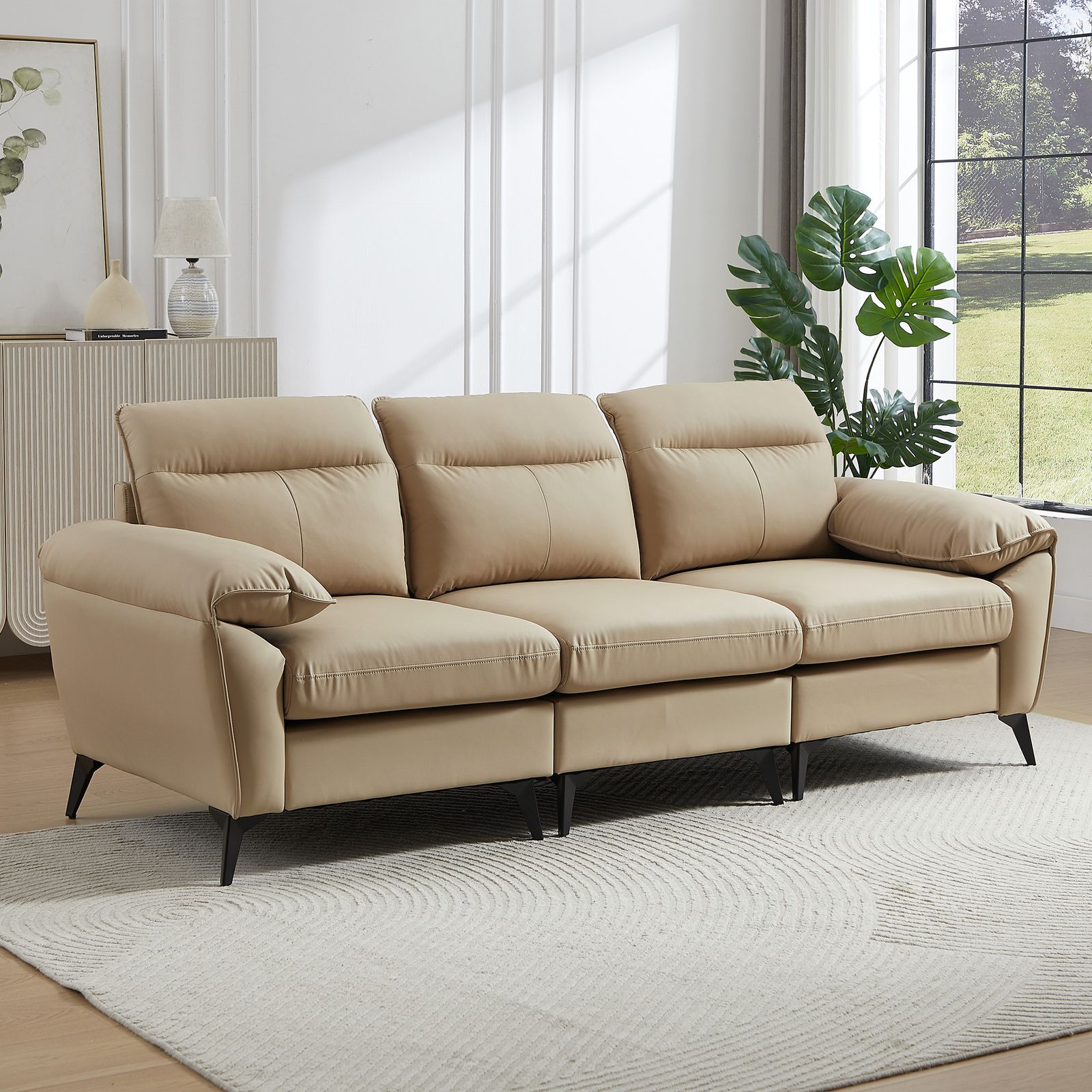ソファー ソファ 3人掛け 幅205cm 3人掛け 北欧 ソフトレザーソファー 3p モダン モダン リビングソファー ソファーセット ソファセット PU 弾力 応接室 オフィスソファー ハイバック ベージュ