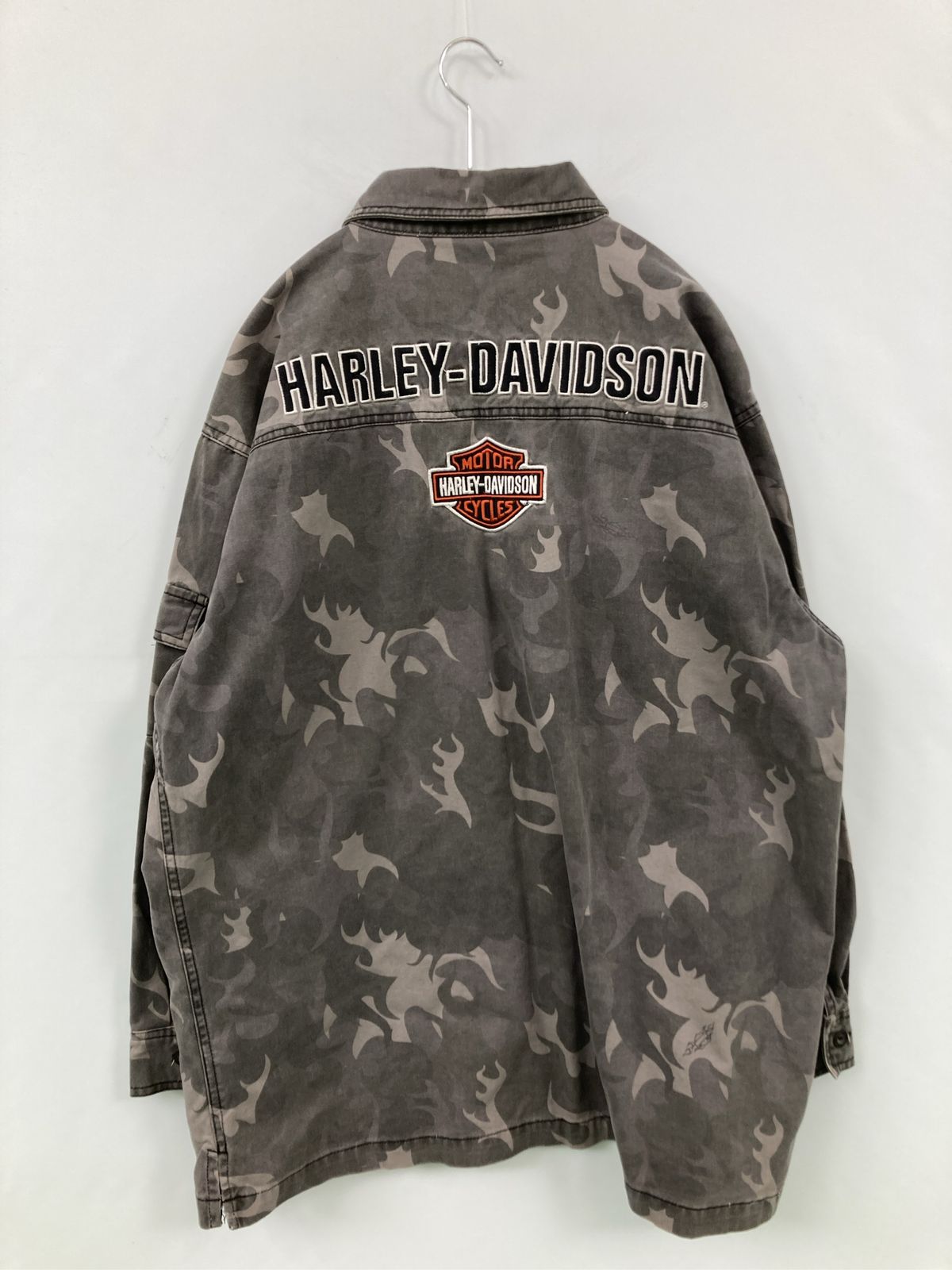 HARLEY-DAVIDSON シャツ/ブラウス L グレー コットン バックプリント ブランドロゴ 刺繍 その他総柄 ミドル丈 長袖 レギュラーカラー