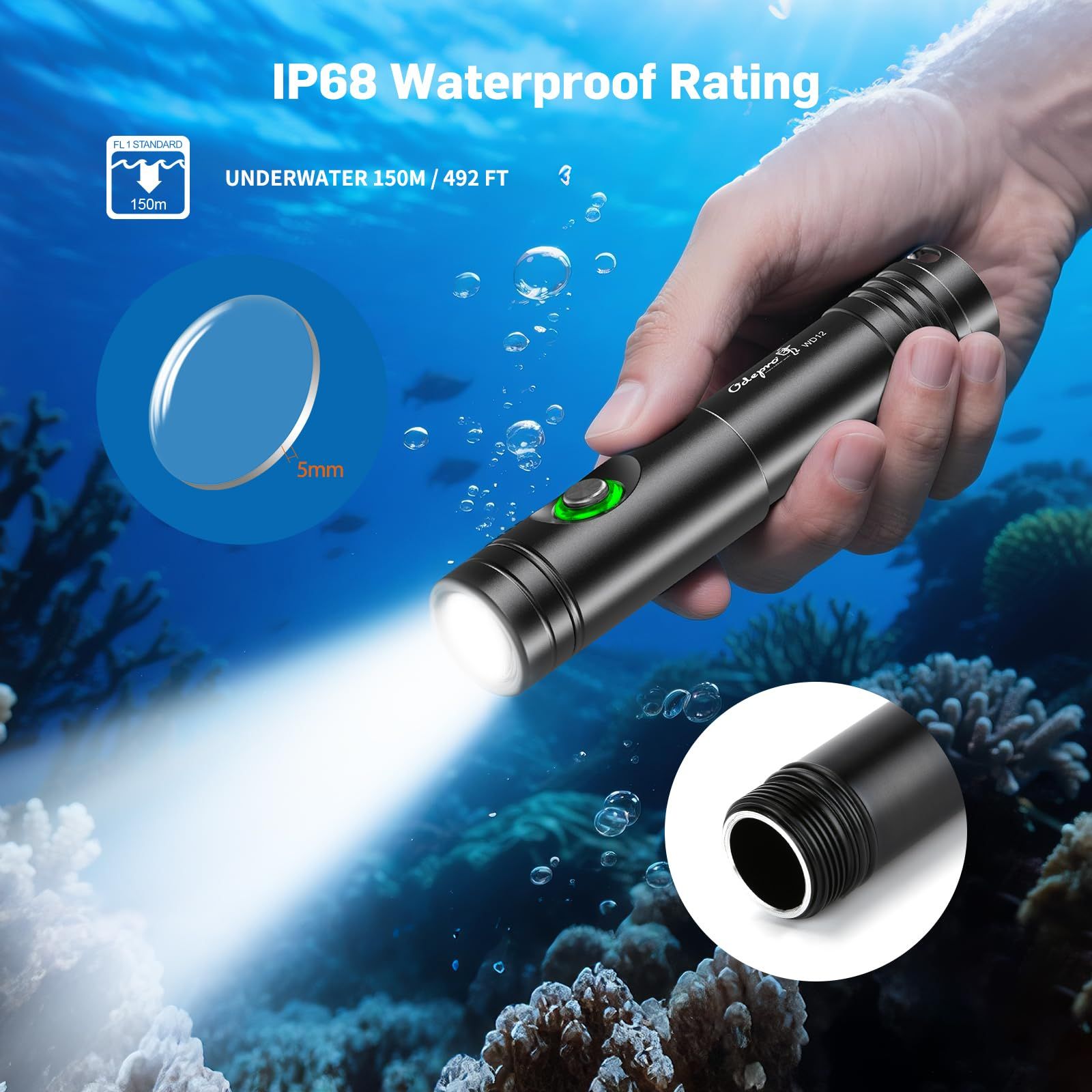 Odepro 新品 Odepro WD12 IPX8 Max 1050ルーメン ダイビングライト 水中ライト プロ仕様超高輝度 水中懐中電灯 IP68防水 水中100メートル使用可能 WD12 Dive Light 1050 Lumen IP68 Waterproof Submarine