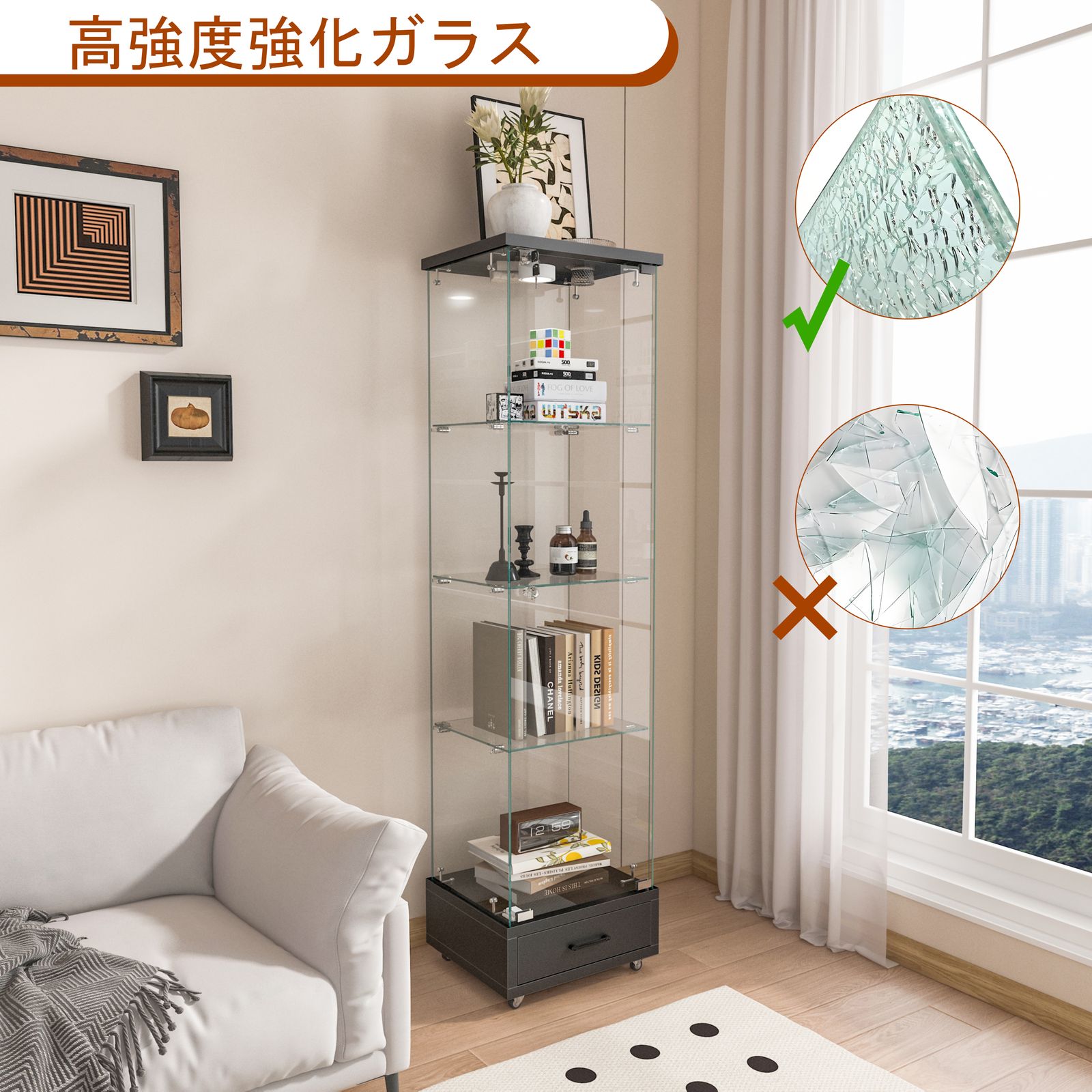 全新品 LED照明＆引き出し付き ガラスディスプレイキャビネット｜鍵 