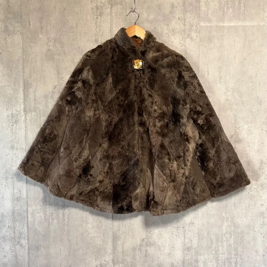 スペイン製 リアルムートン ポンチョ ケープ 羊革 毛皮 本革 ブラウン