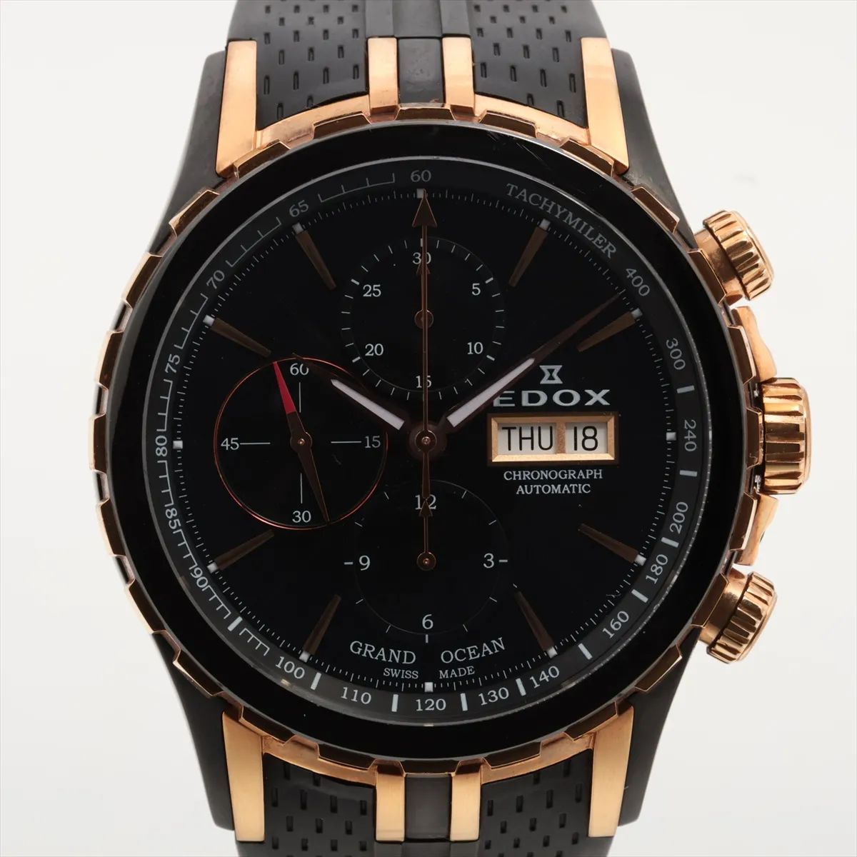 動作良好 腕時計 メンズ エドックス EDOX グランドオーシャン クロノグラフ 01113-357RN-NIR 自動巻 デイデイト表示 黒 ラバーベルト 100m防水