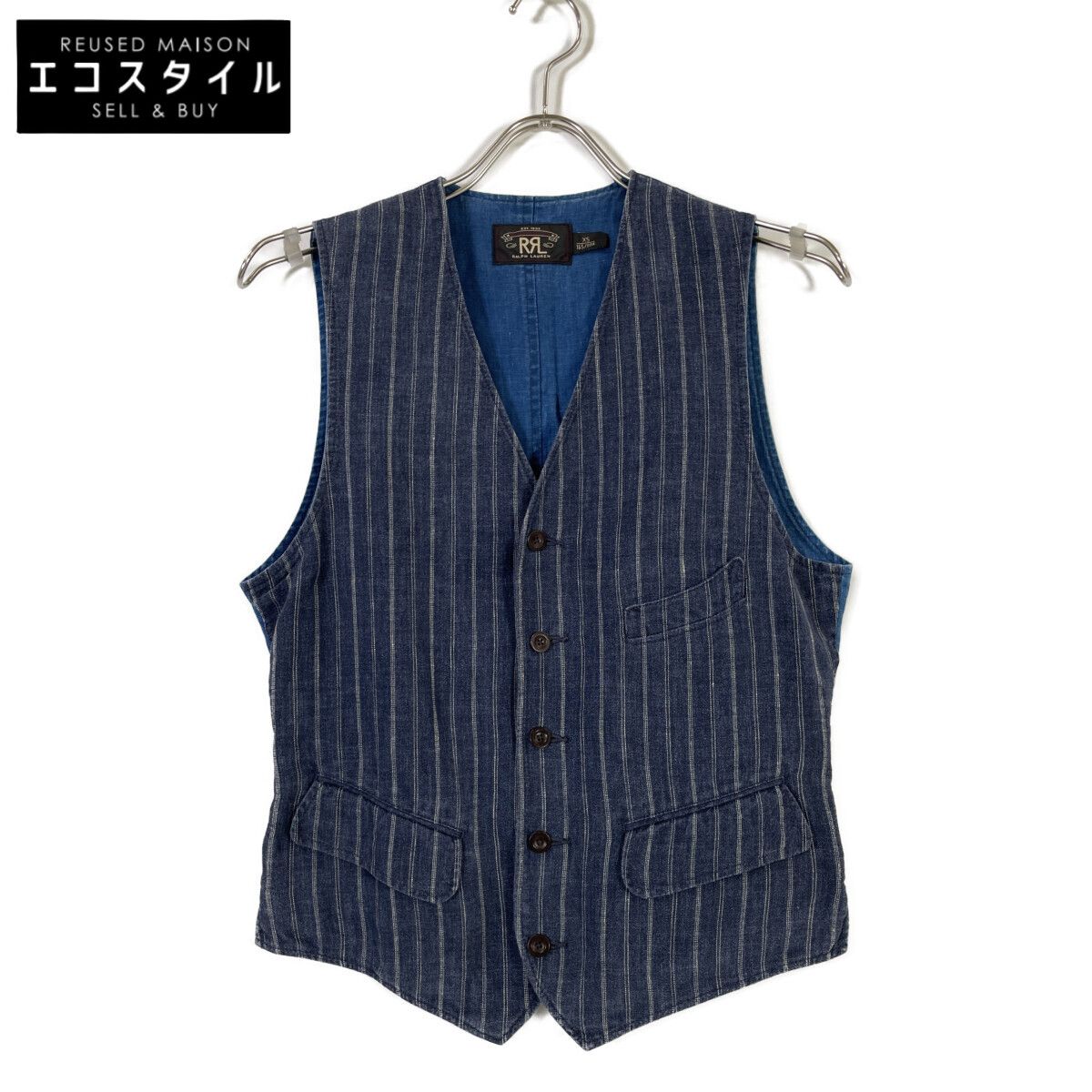 RRL ダブルアールエル 782630082001 ｲﾝﾃﾞｨｺﾞ×ﾌﾞﾙｰ ﾘﾈﾝ100 ﾋﾟﾝｽﾄﾗｲﾌﾟ 針ｼﾝﾁﾊﾞｯｸﾞ ｼﾞﾚ/ﾍﾞｽﾄ ＸＳ