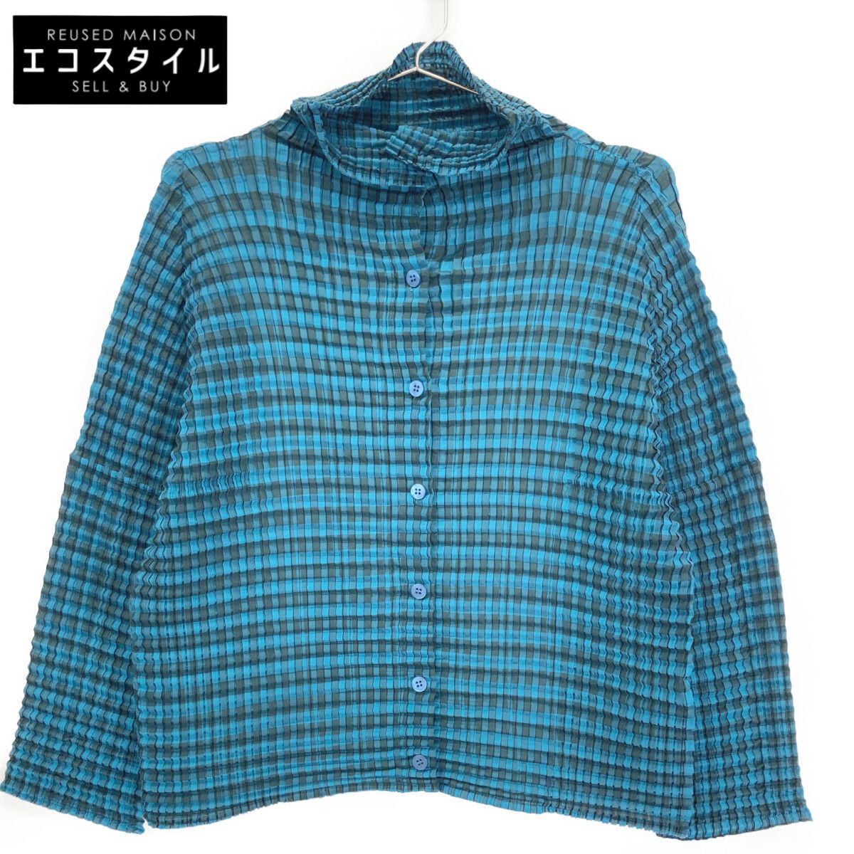 MeISSEYMIYAKE ミーイッセイミヤケ 23SS MI31FO262 ﾌﾞﾙｰ ﾁｪｯｸ ﾜｯﾌﾙ ｼｬﾂ 