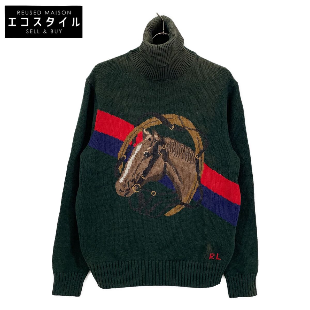 POLO RALPH LAUREN ポロ ラルフローレン ｸﾞﾘｰﾝ ﾎｰｽﾍｯﾄﾞ Cotton Turtleneck Sweater M
