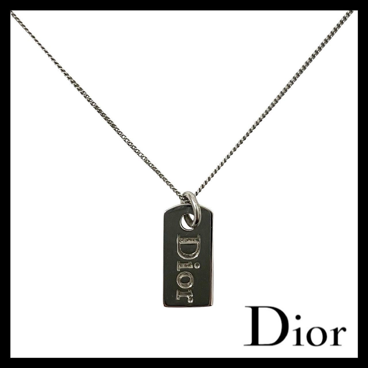M【Dior】ロゴ プレート ネックレス シルバーカラー ヴィンテージ 