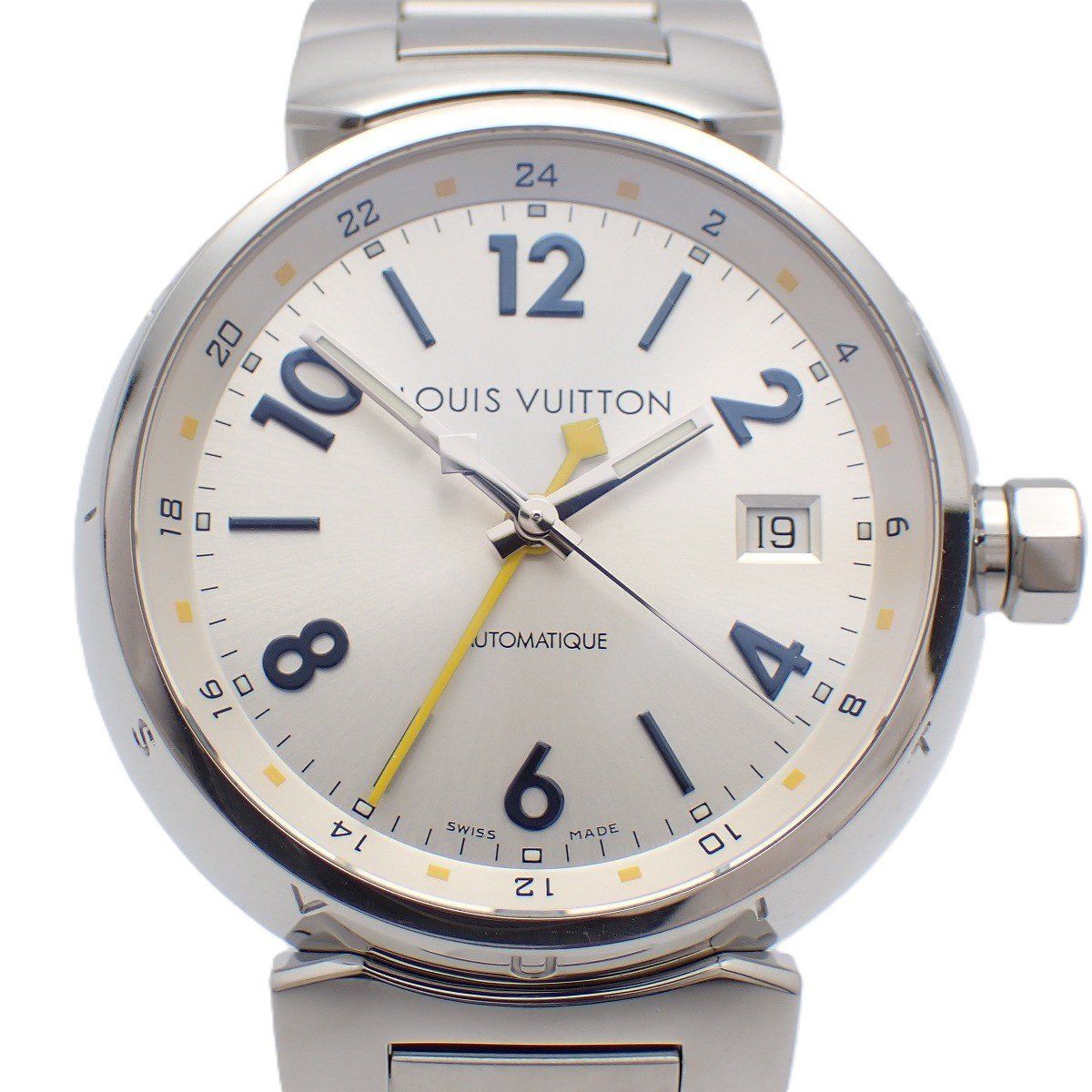 ルイヴィトン タンブール GMT 自動巻き メンズ 腕時計 シルバー文字盤 純正SSベルト Q113M いおき質店