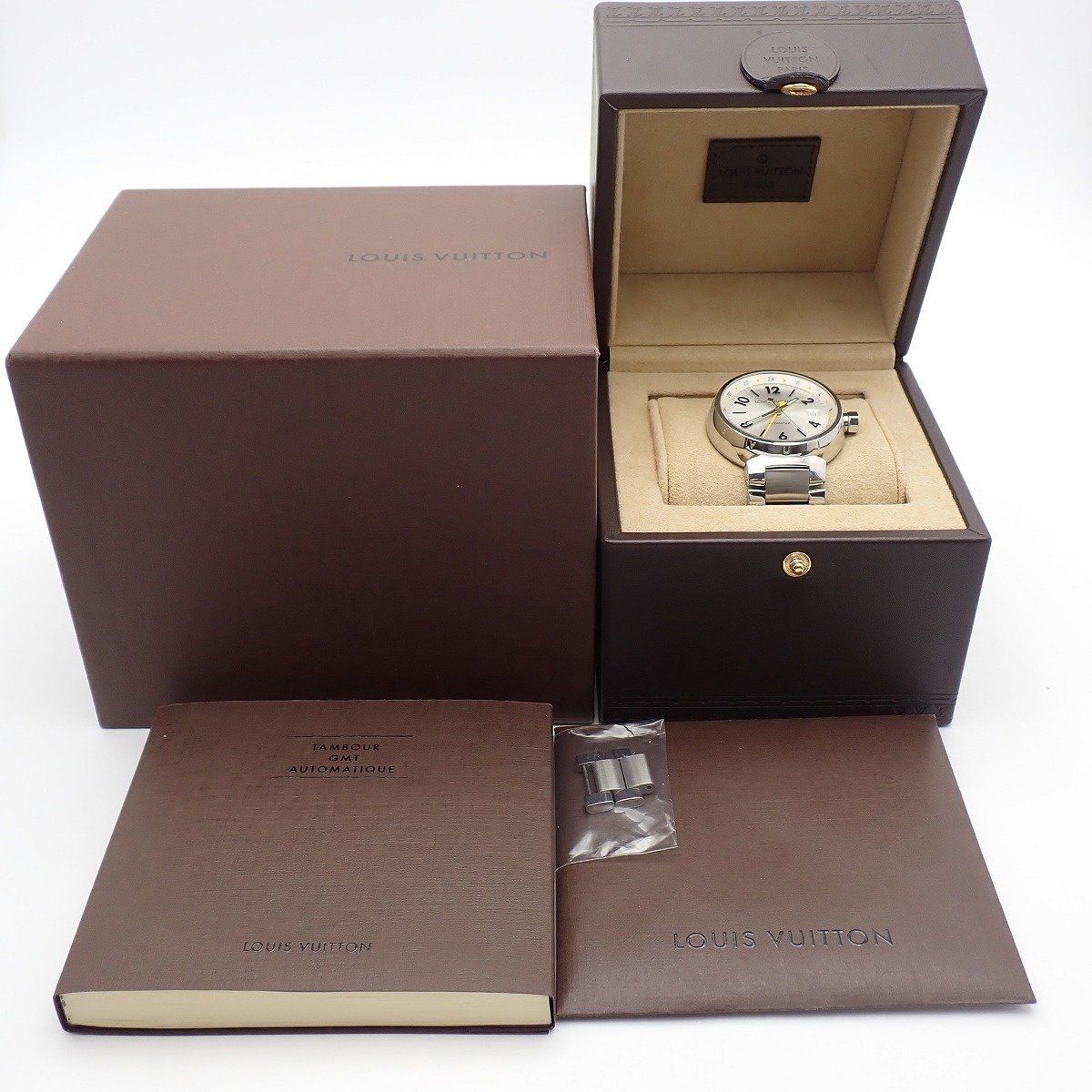  ルイヴィトン タンブール GMT 自動巻き メンズ 腕時計 シルバー文字盤 純正SSベルト Q113M いおき質店 柔らか素材 自動巻き時計 腕時計(アナログ)