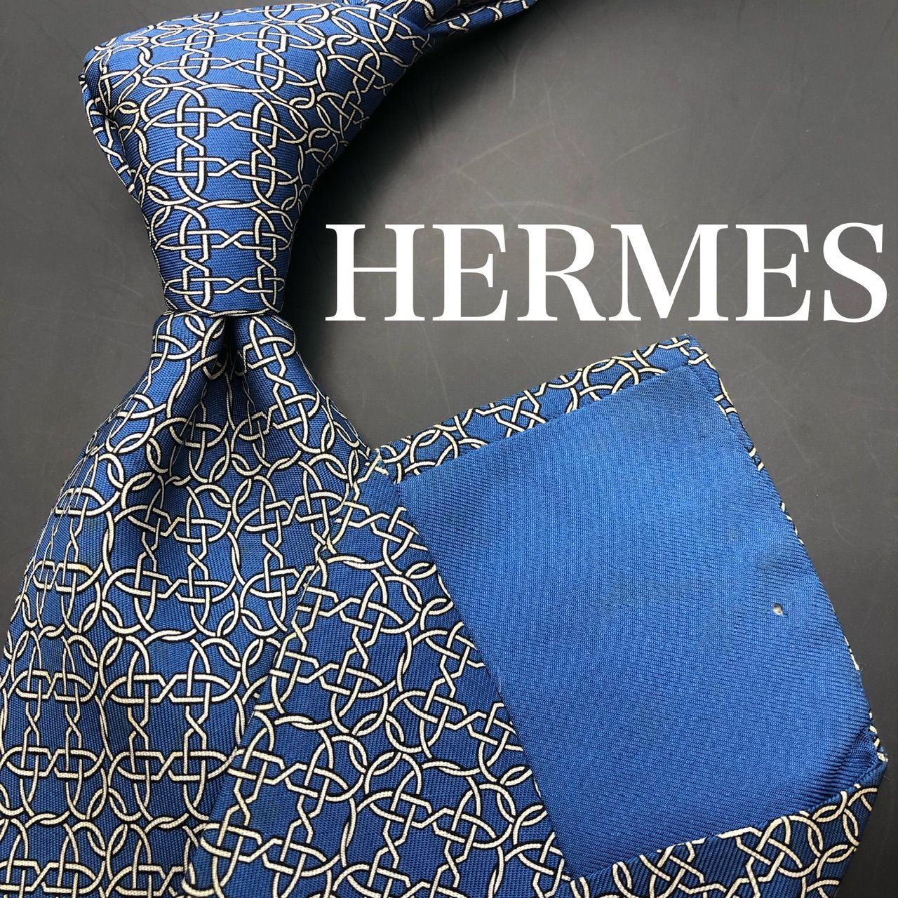大特価】HERMESエルメス ネクタイ ネイビー ホワイト 総柄 幾何学 