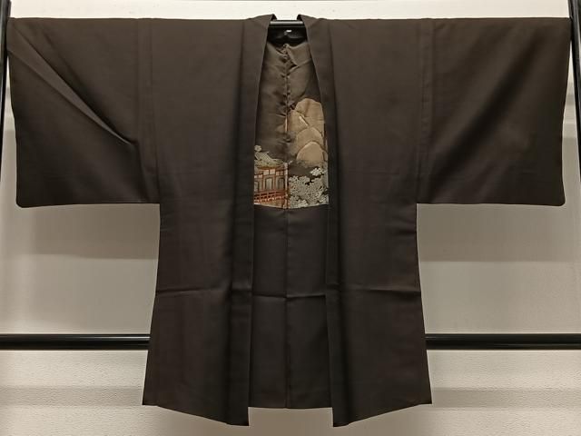 正絹 逸品 長羽織 平和屋着物∞男性 紬地 未使用 格子柄 格子 褐返色