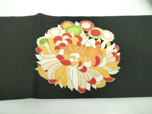 平和屋着物○塩瀬 九寸名古屋帯 乱菊 黒地 金彩 正絹 逸品 未使用