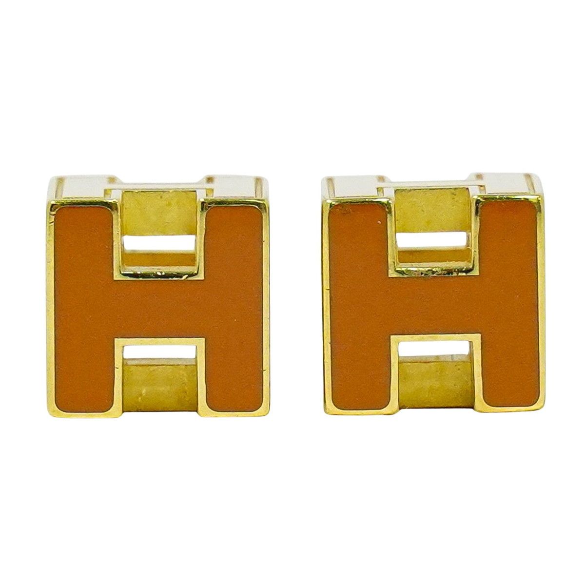 本物 エルメス HERMES Hキューブ ピアス GP ゴールド メッキ オレンジ 