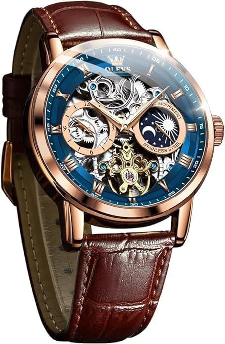 OLEVS 腕時計 メンズ 機械式 自動巻き＆手巻き レザー ファッション おしゃれ 男性時計 革 スケルトン ムーンフェイズ 夜光 月 防水 watch for men ブルー 彡