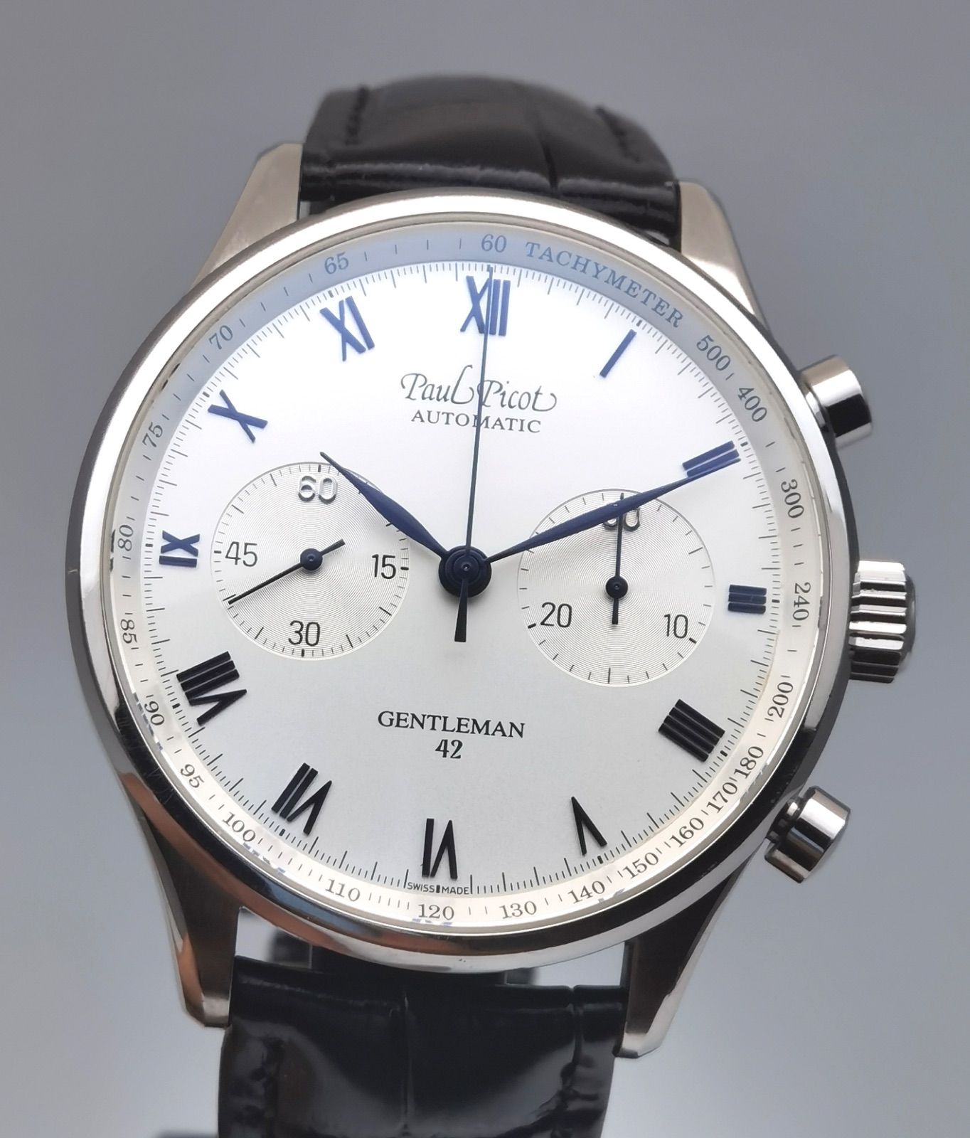 保証書付き ポールピコ PaulPicot ジェントルマン 42 4109 クロノグラフ SS ステンレス シルバー文字盤 自動巻き メンズ 腕時計