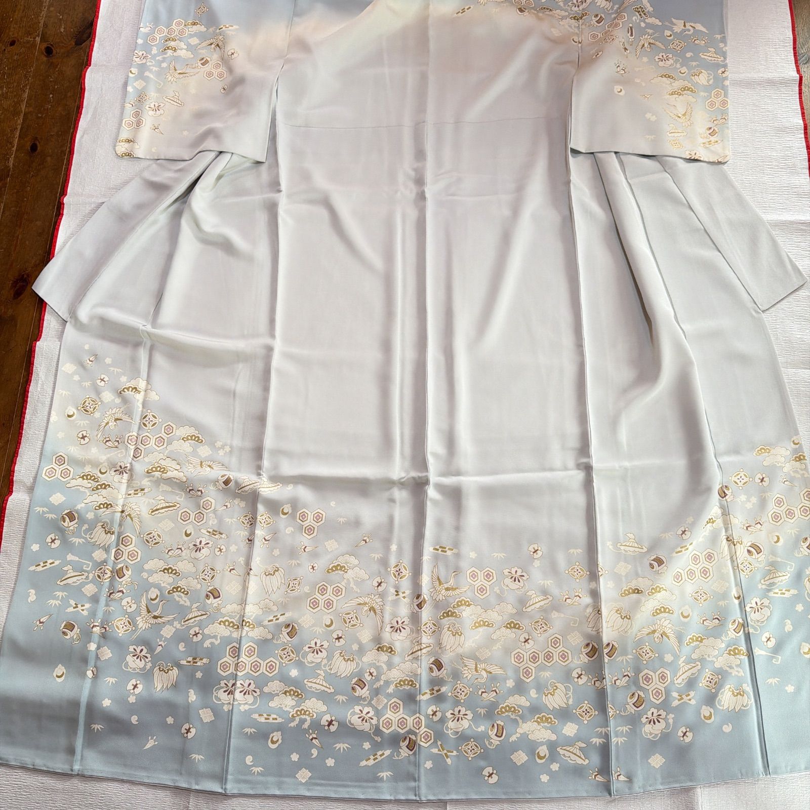 訪問着 正絹 フルセット 宝尽くし 金駒刺繍 水色 - メルカリ