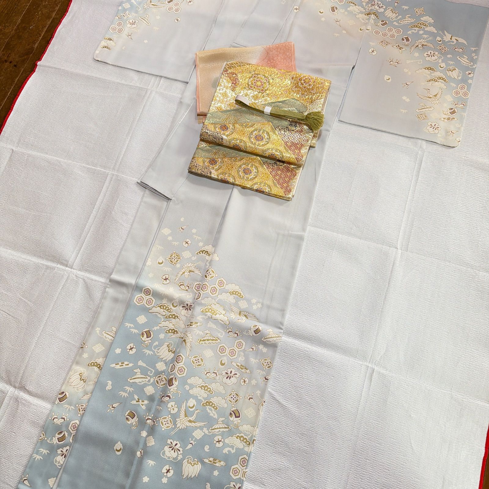 訪問着 正絹 フルセット 宝尽くし 金駒刺繍 水色 - メルカリ