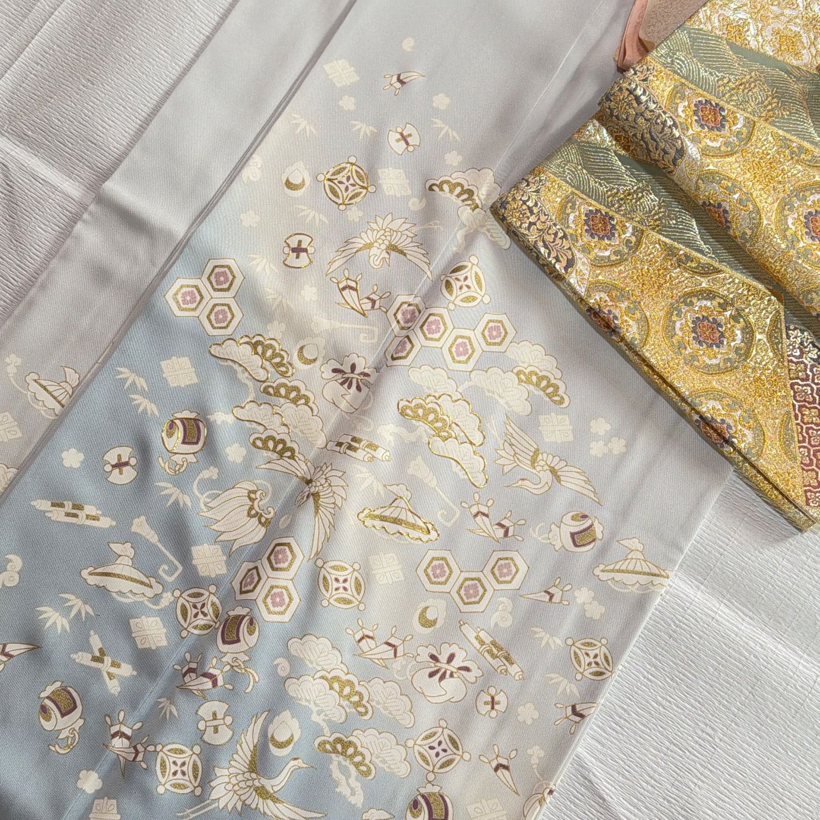 訪問着　フルセット　着物　難あり　練習用　正絹　宝尽くし　金駒刺繍　N2 訪問着 正絹 フルセット 宝尽くし 金駒刺繍 水色 - メルカリ
