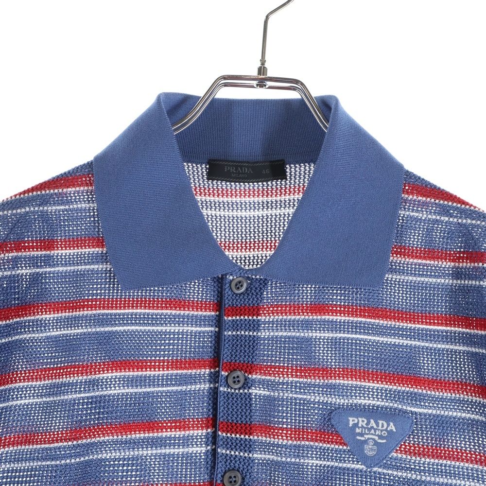 PRADA ストライプ ポロシャツ M PRADA (プラダ) POLO MCC ストライプ 半袖ニットポロ ブルー/レッド