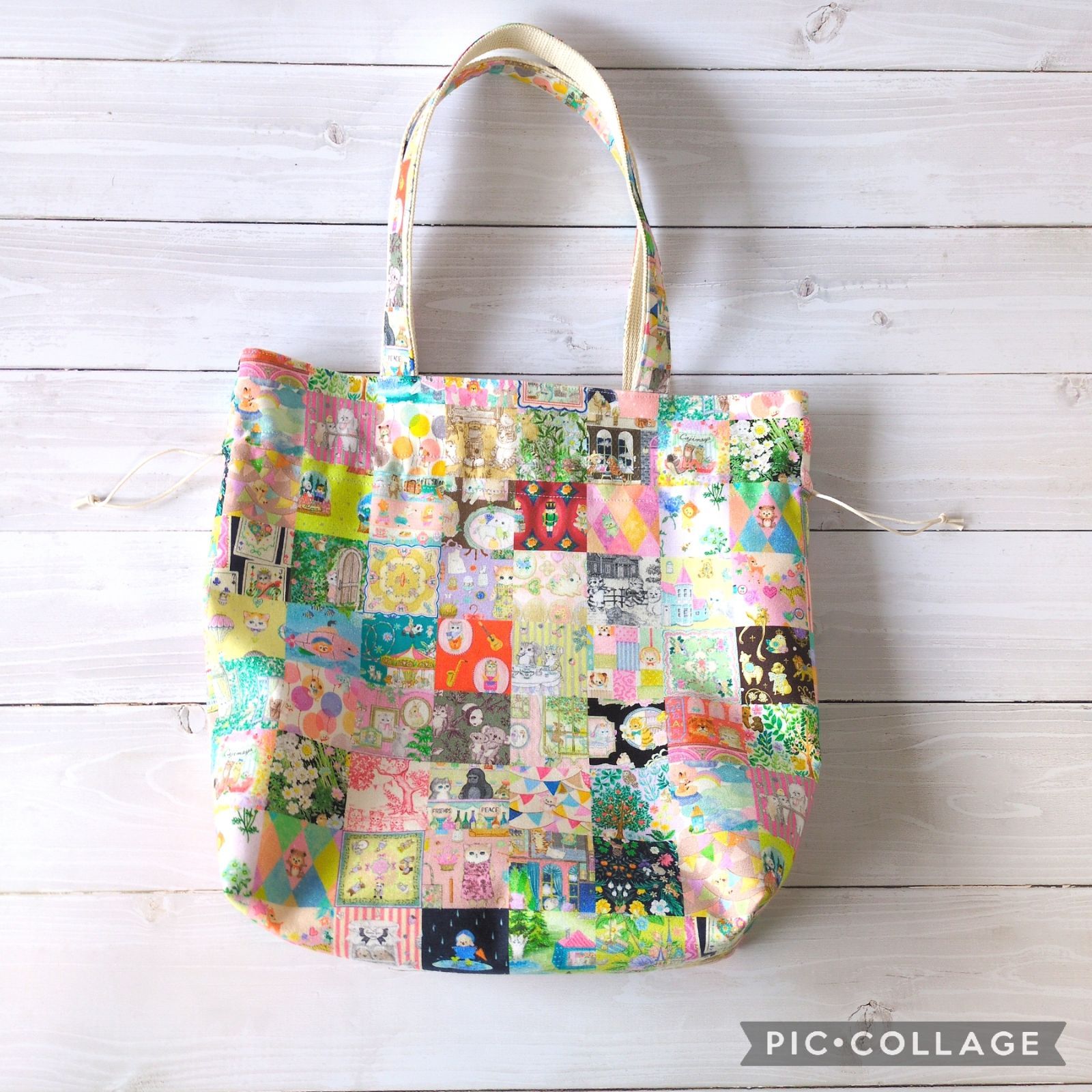 ユキエモン☆肩掛け巾着バッグ（アニバーサリーパッチワーク） - メルカリ