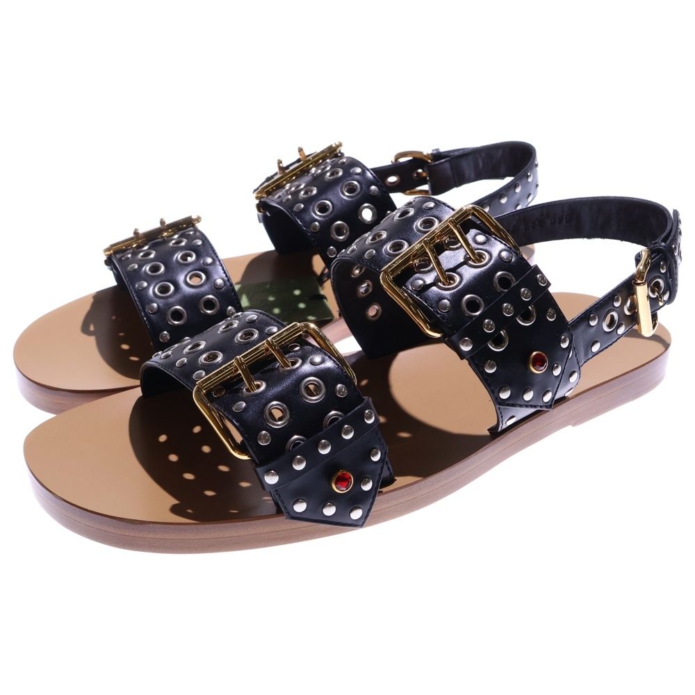 GUCCI (グッチ) Embellished Leather Sandals スタッズ ラインストーン ベルト ワンストラップ サンダル ブラック 725816