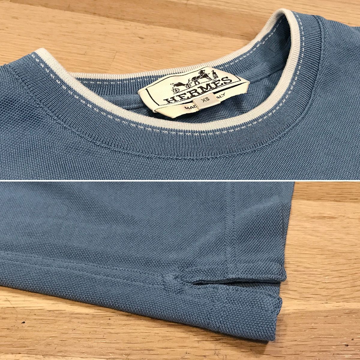 超美品 エルメス 鹿の子素材 半袖Tシャツ ブルー XS H刺繍 メンズ 