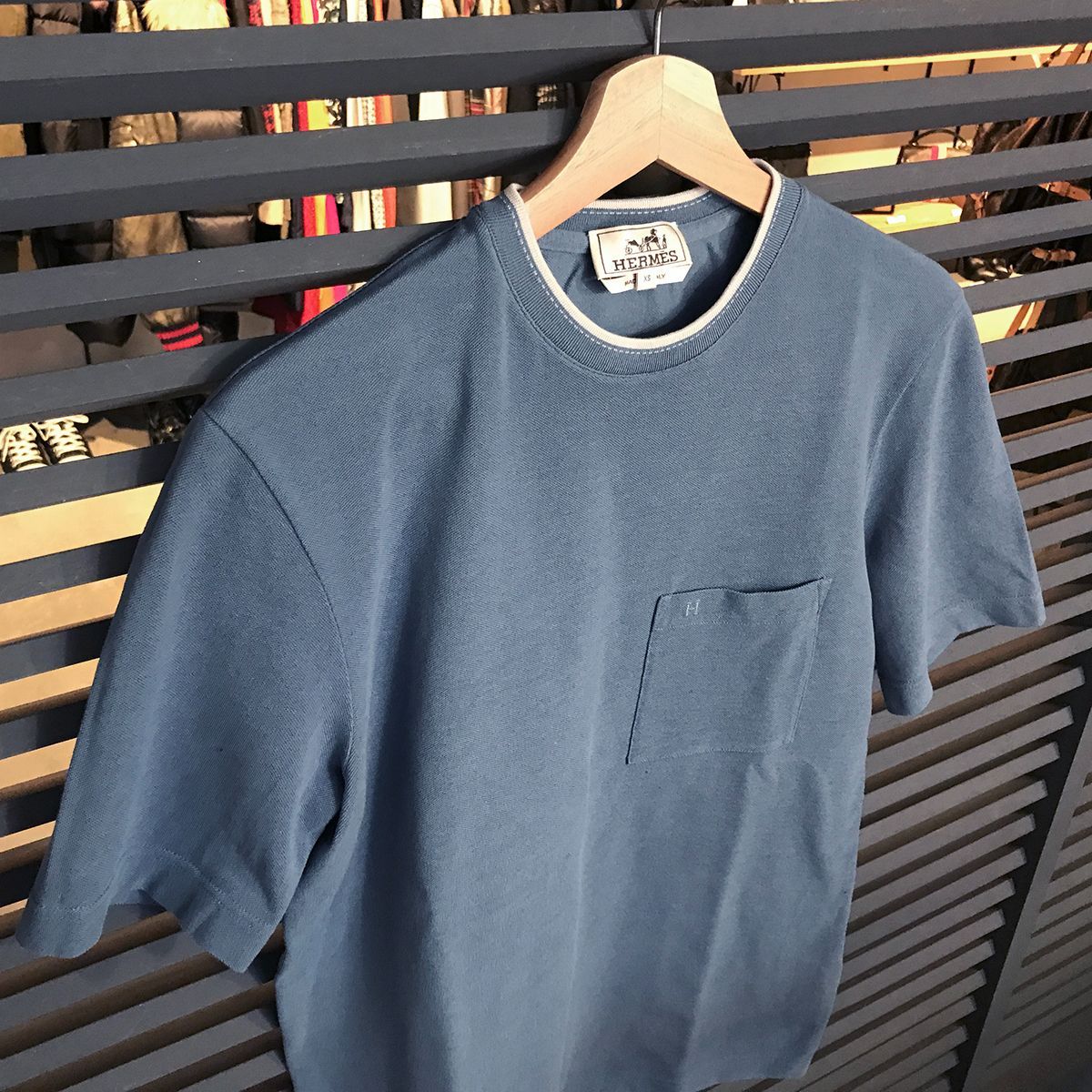 超美品 エルメス 鹿の子素材 半袖Tシャツ ブルー XS H刺繍 メンズ 