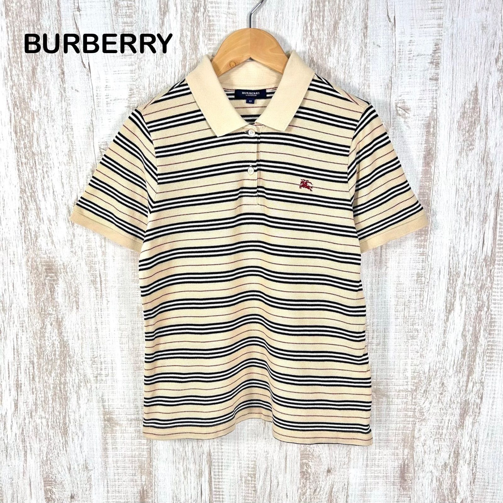 BURBERRY LONDON バーバリーロンドン 定番カラー ホースロゴ刺繡 マルチボーダー コットン 半袖 ポロシャツ ベージュ 大きいサイズ レディース トップス