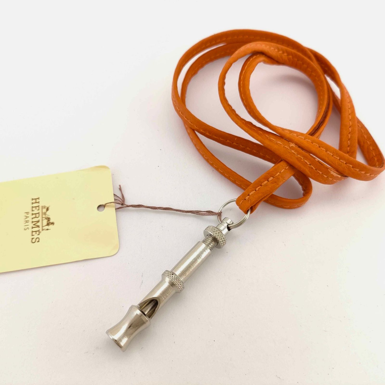 【美品】エルメス／犬笛 レザーケース ＆ ホイッスル HERMES エルメス 犬笛 ドッグホイッスル シルバー金具 オレンジ レザー