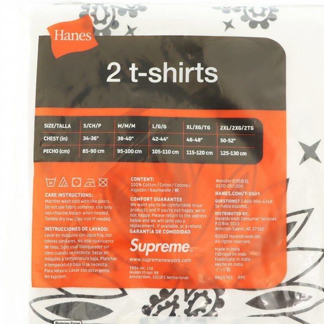 シュプリーム SUPREME ×Hanes ヘインズ Bandana Tagless Tees (2Pack