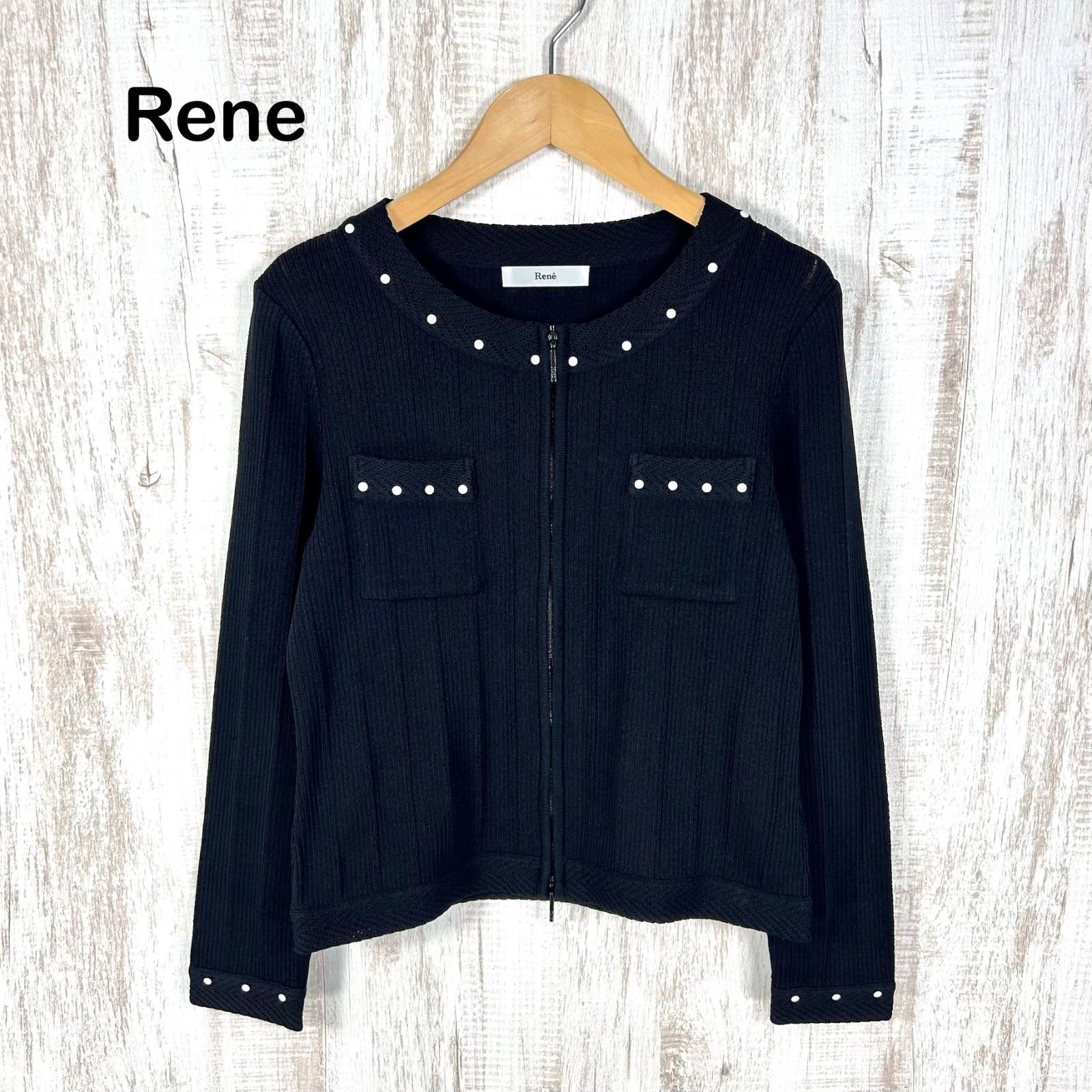 René - 美品 Rene ルネ 宇宙柄 切替 フリル ニット カーディガン ボレロ 36 ブルーグレー レディース 古着 中古 USED Rene（ルネ） 美品 宇宙柄 切替 フリル ニット カーディガン ボレロ 36