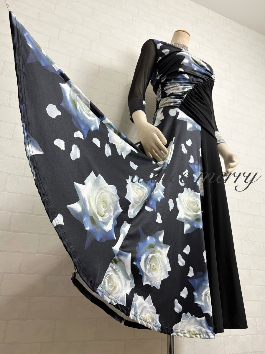 新品 社交ダンス ワンピース 黒 グレー 白 ギャザー パーティ 6582 花