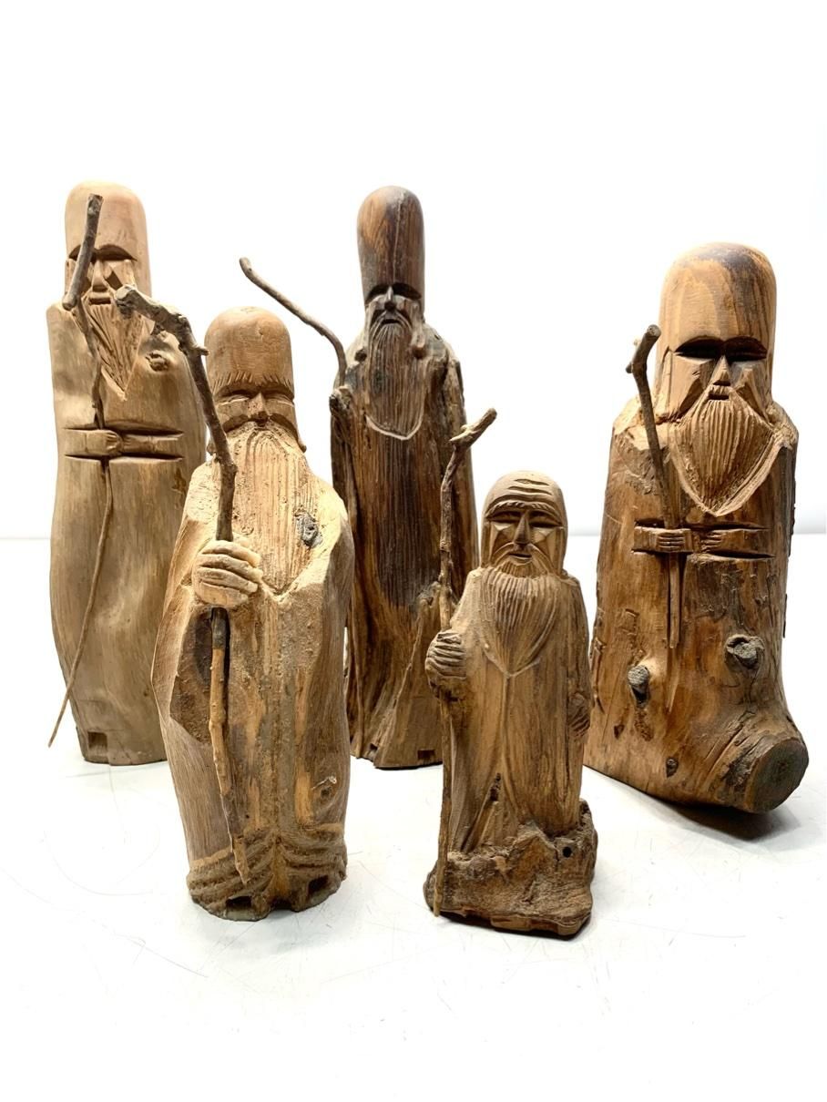 貴重 寿老人 木彫り人形 まとめ売り 5体 福禄寿 縁起物 インテリア