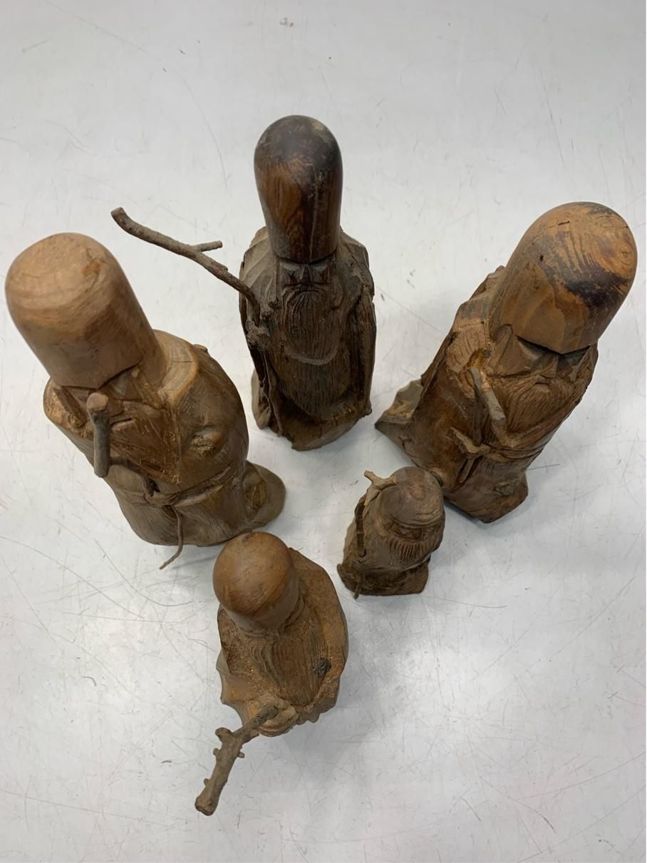 貴重 寿老人 木彫り人形 まとめ売り 5体 福禄寿 縁起物 インテリア