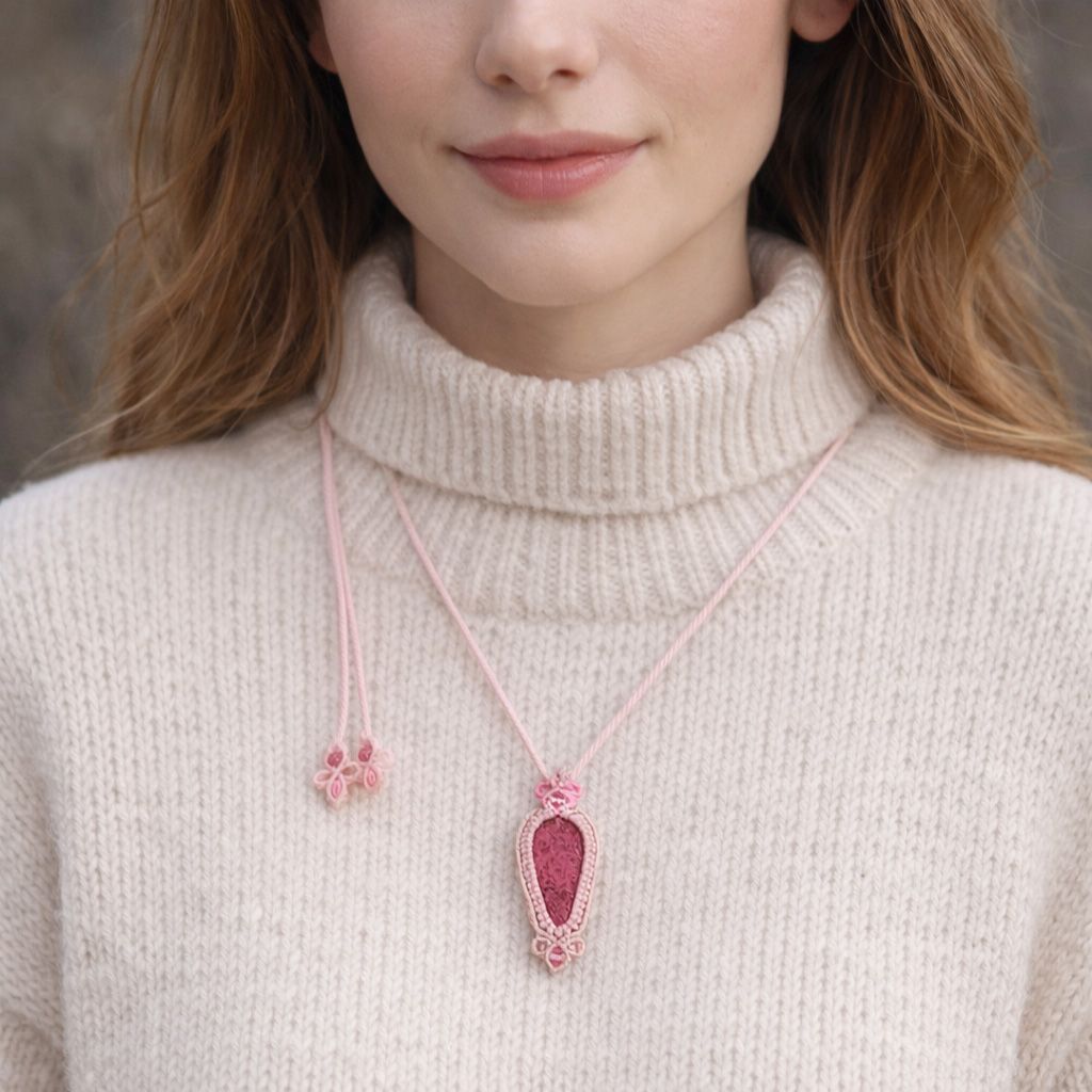 薔薇の魔石『ロードナイト』『ピンクトパーズ』マクラメ編みトップネックレス