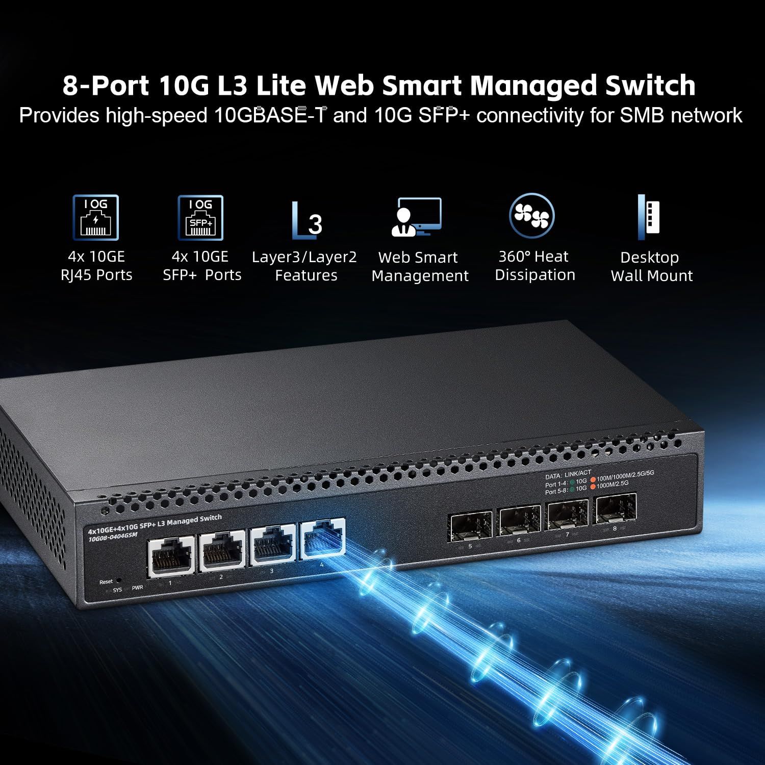 Binardat 8ポート10ギガビットマネージドスイッチ、4x10G RJ45