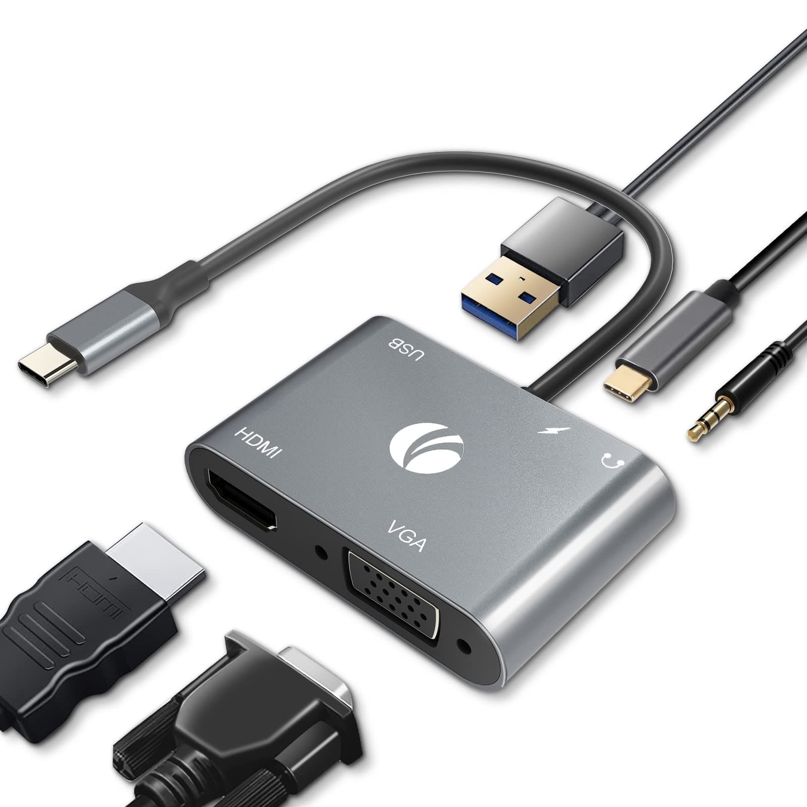 VCOM 5-in-1 USB-C HDMI VGA ドッキングステーション 4K対応HDMI VGA+Audio 100W急速PD充電 USB3.0ポート 軽量コンパクト マルチ機能 MacBook Air/Pro iPad Pro Huawei ...