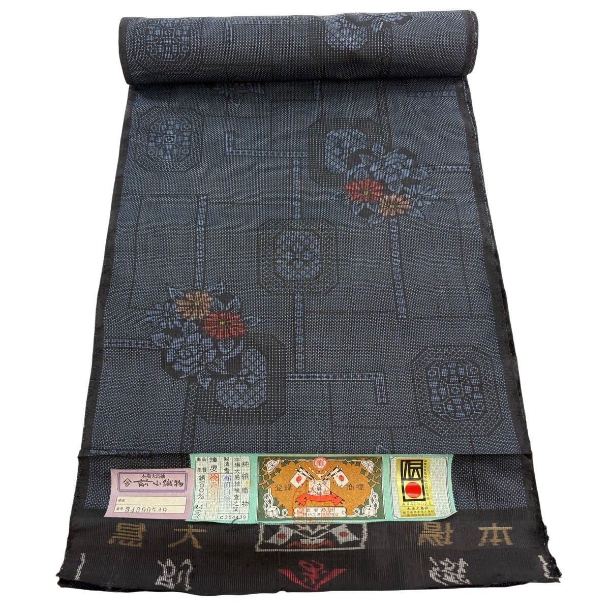 反物 秀品 大島紬 証紙 草花 幾何学模様 紺色 正絹 【中古】 - メルカリ
