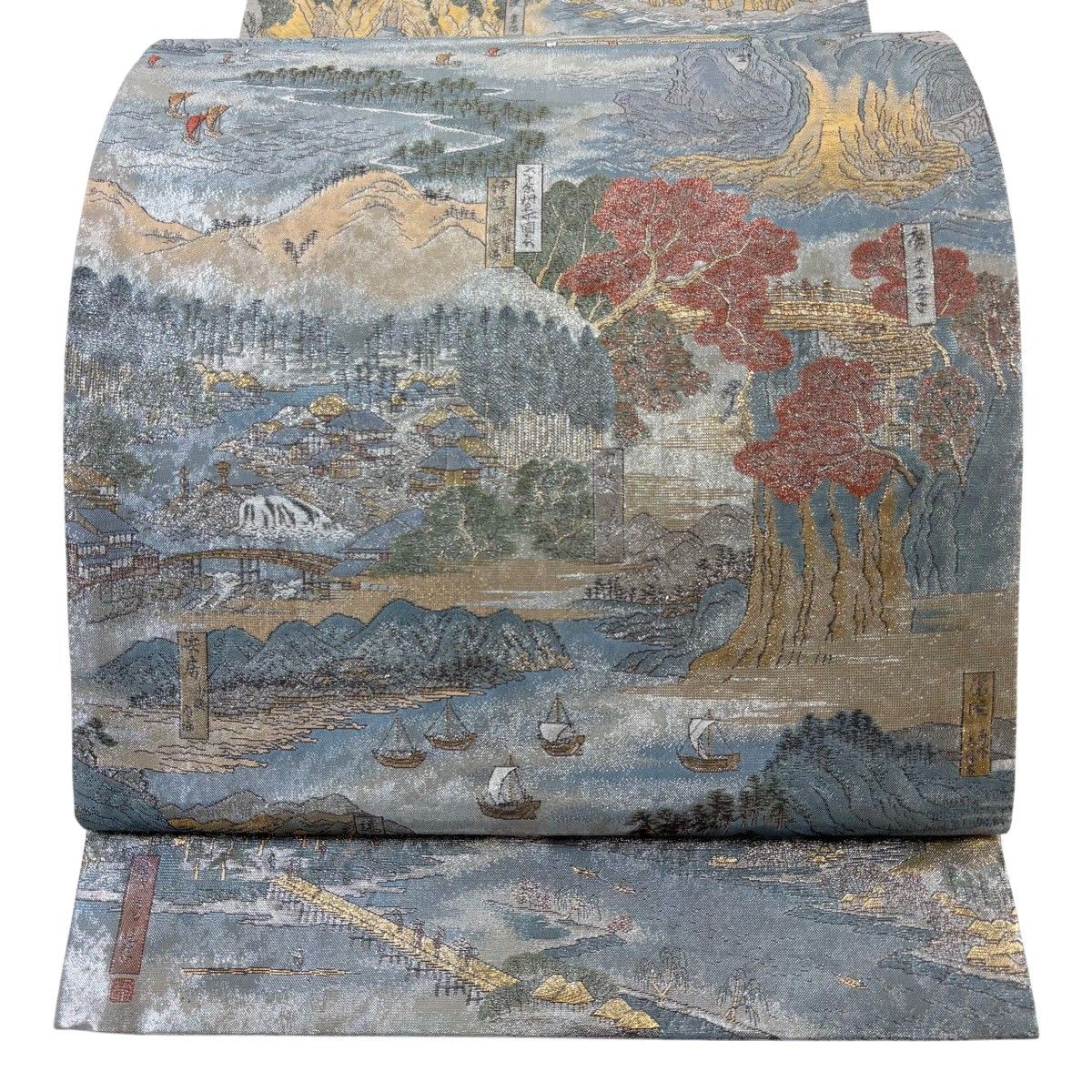 美品】 袋帯 秀品 風景 船 金銀糸 箔 青灰色 お太鼓柄 正絹 【中古
