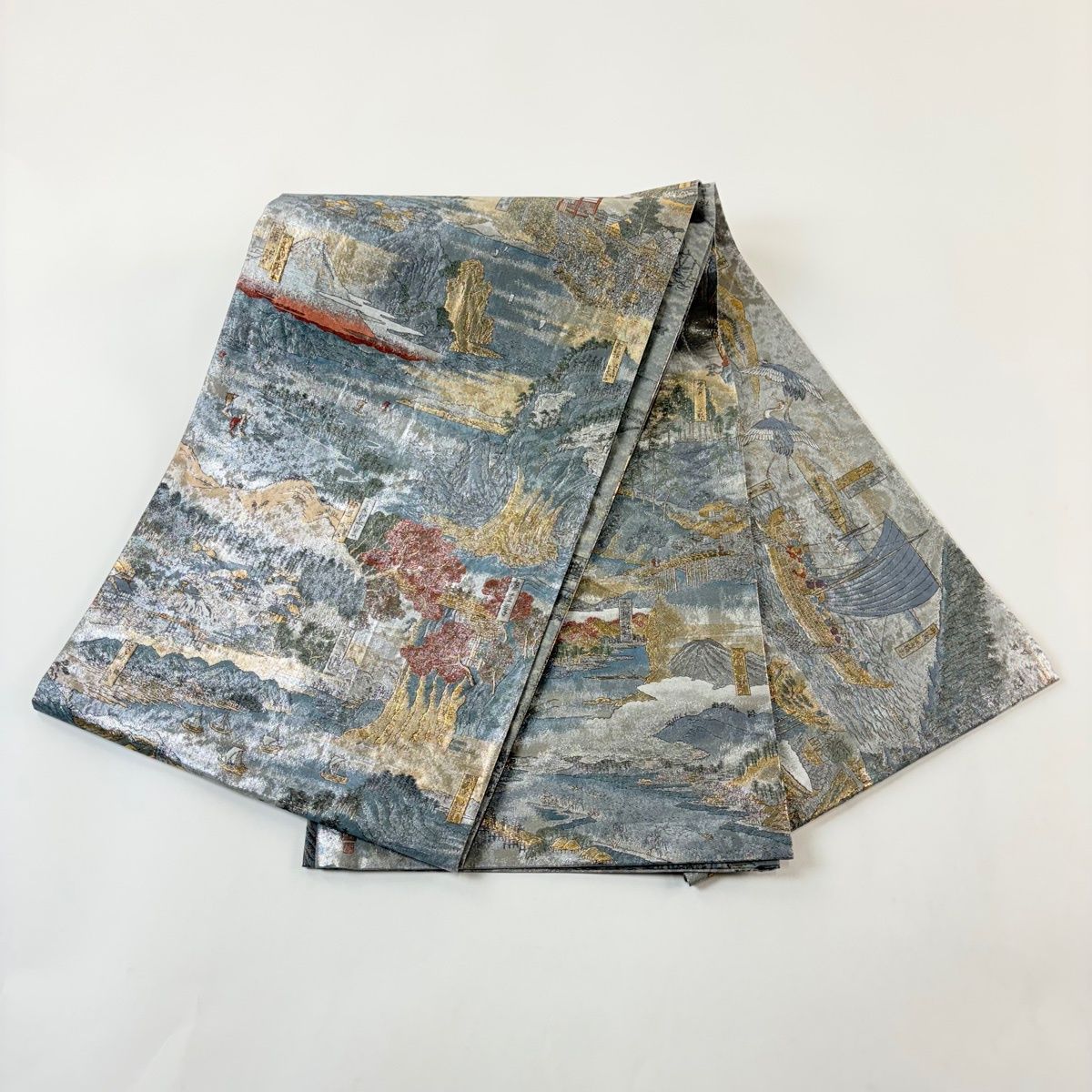 美品】 袋帯 秀品 風景 船 金銀糸 箔 青灰色 お太鼓柄 正絹 【中古